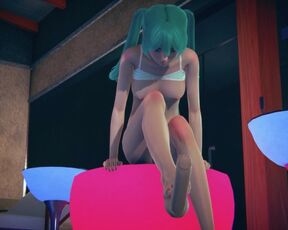 Miku in a swimsuit fingering your cock with her feet