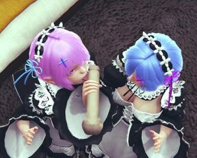 Ram and Rem lick a big cock together