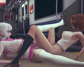 Schoolgirls tribbing in a night subway car