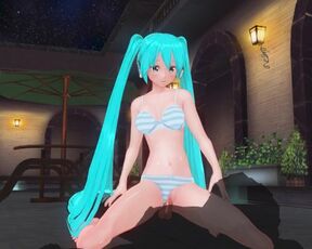 3D HENTAI Hatsune Miku in a swimsuit rides a cock by the pool