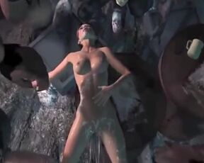 Lara Croft double penetration with monsters in the cave of the video game