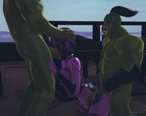 Two orcs fucked a dark elf and cum on her face and ass