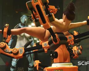 I just want your dick! Female robot shemale fucks a sexy cuffed busty brunette in the sci-fi lab