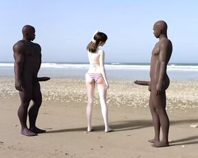 White girl gets blacked on the beach by 2 bbc men