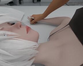 Kiss 2b's ear and cum on her face.