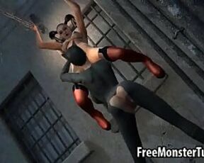 3D lesbian Harley Quinn gets eaten out outdoors