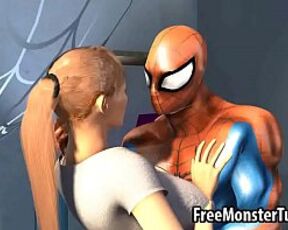 3D blonde babe gets her pussy licked by Spiderman